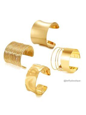 Gold Chunky Cuff Bracelets Open Design Hammered Texture Minimalist Set